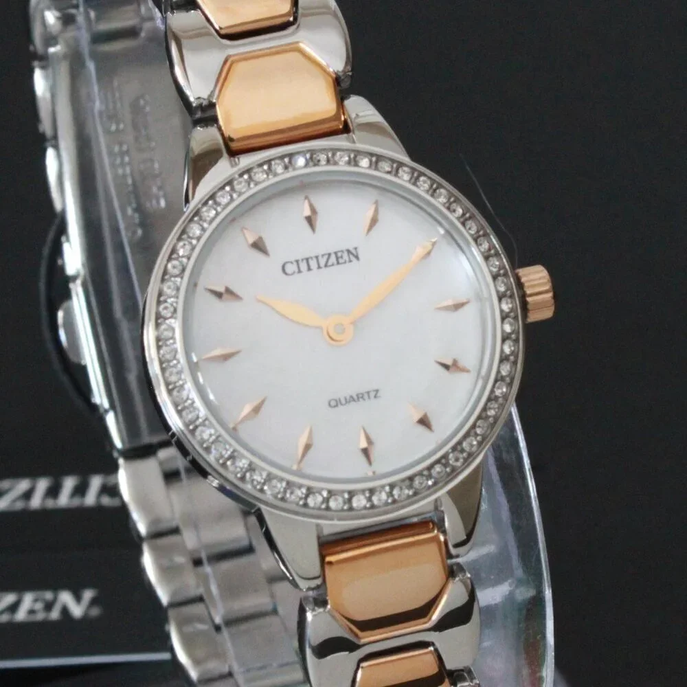 Citizen Women's Quartz Watch Crystal Bezel Mother Of Pearl Dial 24mm